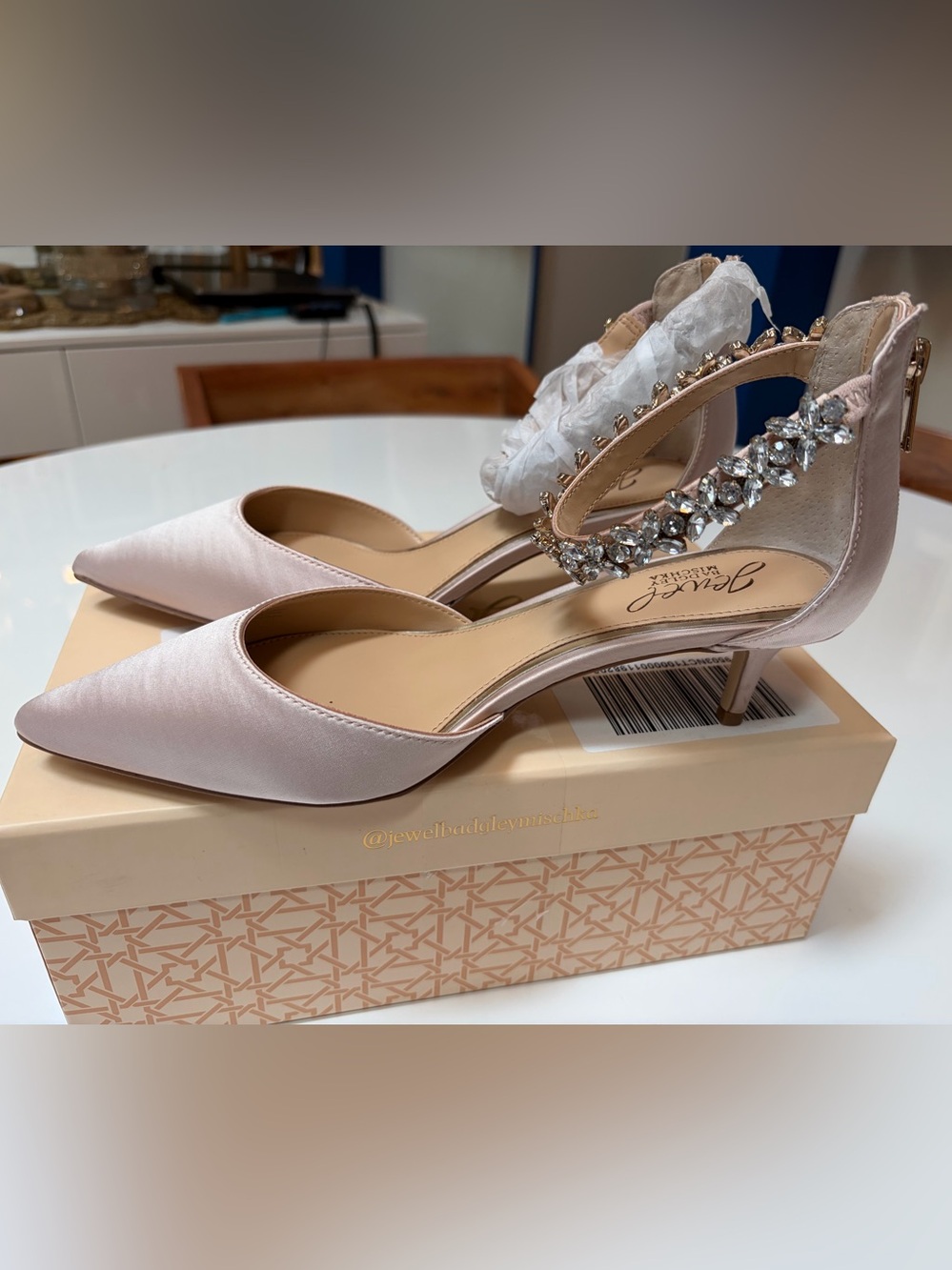#910 Jewel Badgley Mischka Satin toe in Champaign with Crystal Ankle Strap